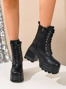 Women's Fashion Wedge Heel Thick Sole Snow Boots With Side Zipper - Black - View 3