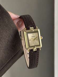 1pc Vintage Quartz Watch, Daily Wear, PU Leather Strap, Square Dial, Business Casual Minimalist Style Compact Watch, Gift Selection - Brown - View 2