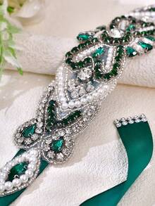 1pc New Design Bridal Waist Belt, Green Rhinestone Wedding Dress Waist Chain, Stage Dress Decorative Belt, Bridesmaid Wedding Accessory - Green Ribbon - View 4
