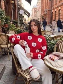 Suéter de mujer con estampado de Papá Noel rojo, top de punto acanalado de manga larga, suéter casual de invierno para vacaciones con cuello redondo corto - Rojo - Ver 1