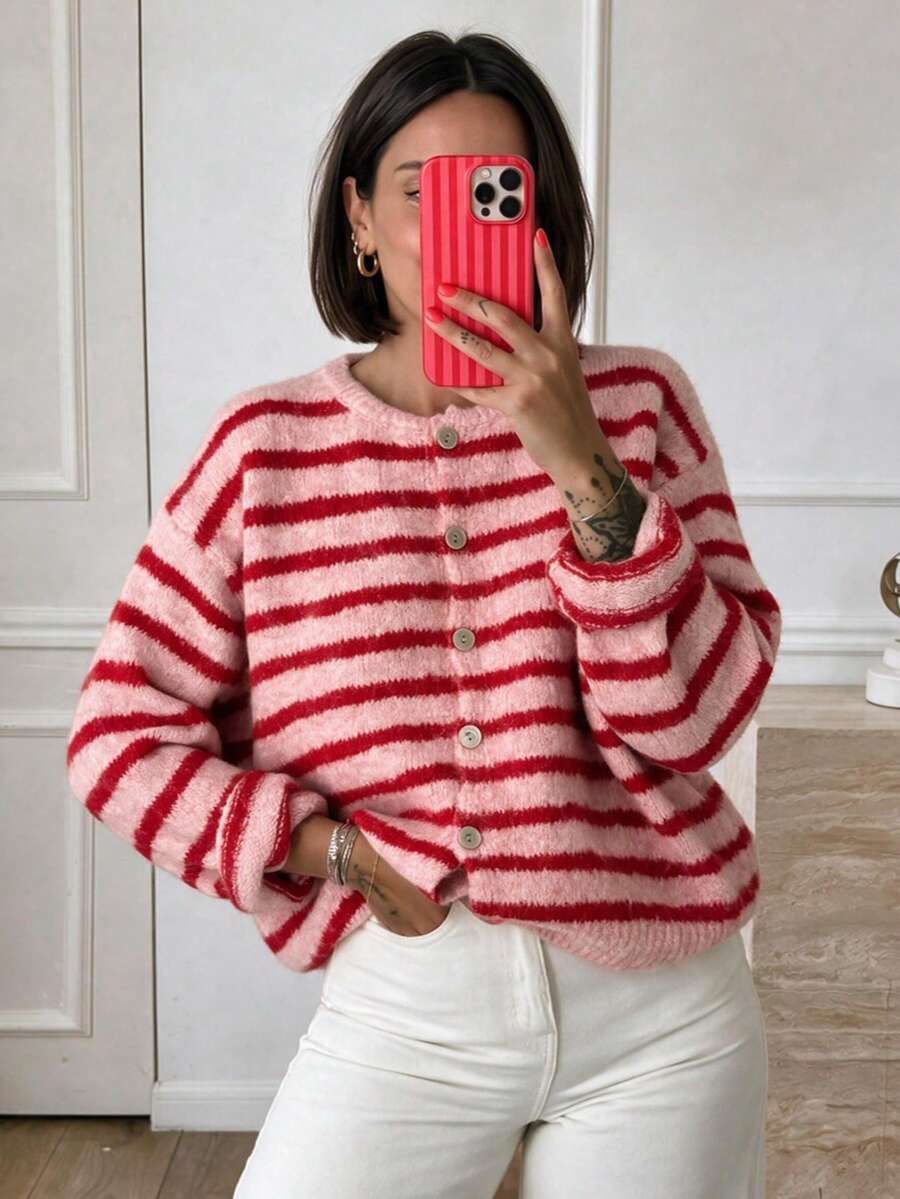 Áo cardigan len dệt kim nữ size lớn kẻ sọc phối màu đỏ hồng, cài nút, phong cách thường ngày đa năng - Đỏ - Xem 1