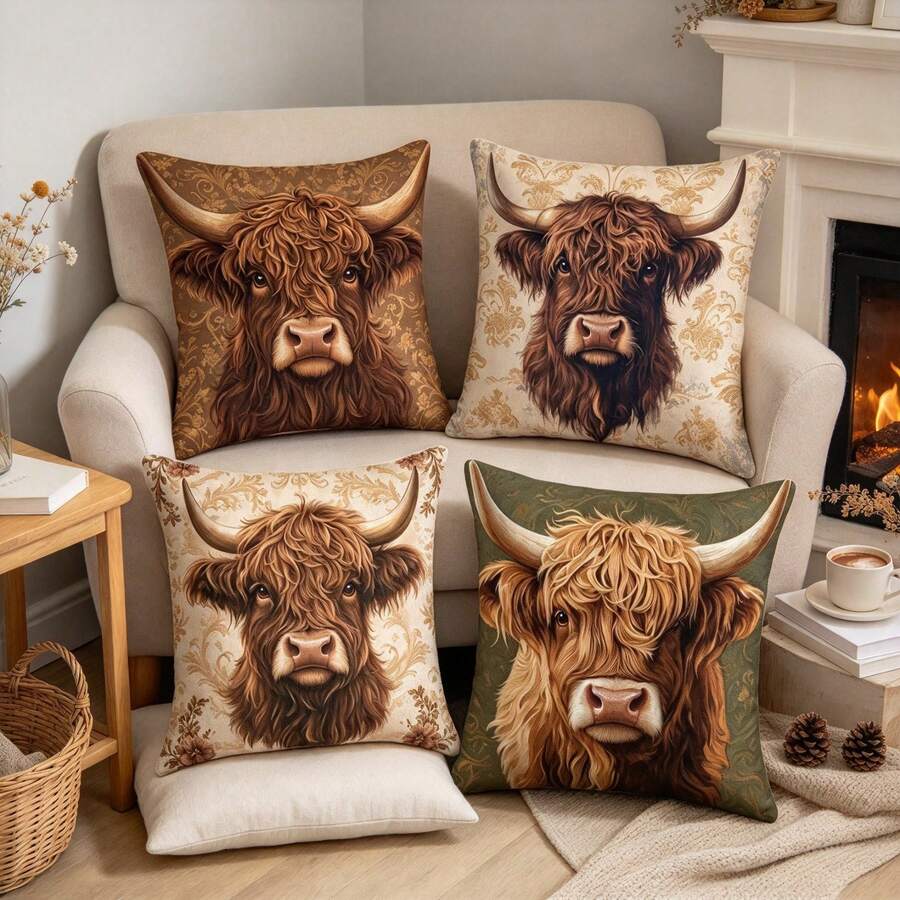 4PCS Christmas Throw Pillow Cover Set, Vintage Green Xmas Santa Snowman Reindeer Pine Tree Print Cushion Case, Holiday Home Decor For Sofa Couch Bedroom Room Decoration - Mocha Brown - View 1