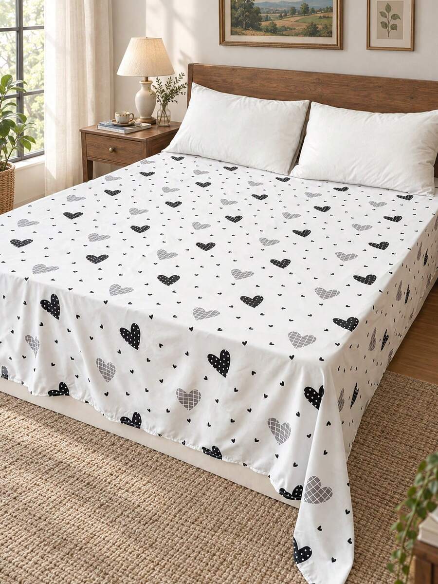1pc Bed Sheet - 100% Lightweight Polyester Fabric, Heart Print Bed Cover, Breathable Bedding, Bedroom Decor Bed Cover, Suitable For Adults