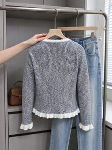 Cárdigan de punto acanalado con cuello en V para mujer, suéter de manga larga acampanada con ajuste ceñido y ribete festoneado - Gris - Ver 3