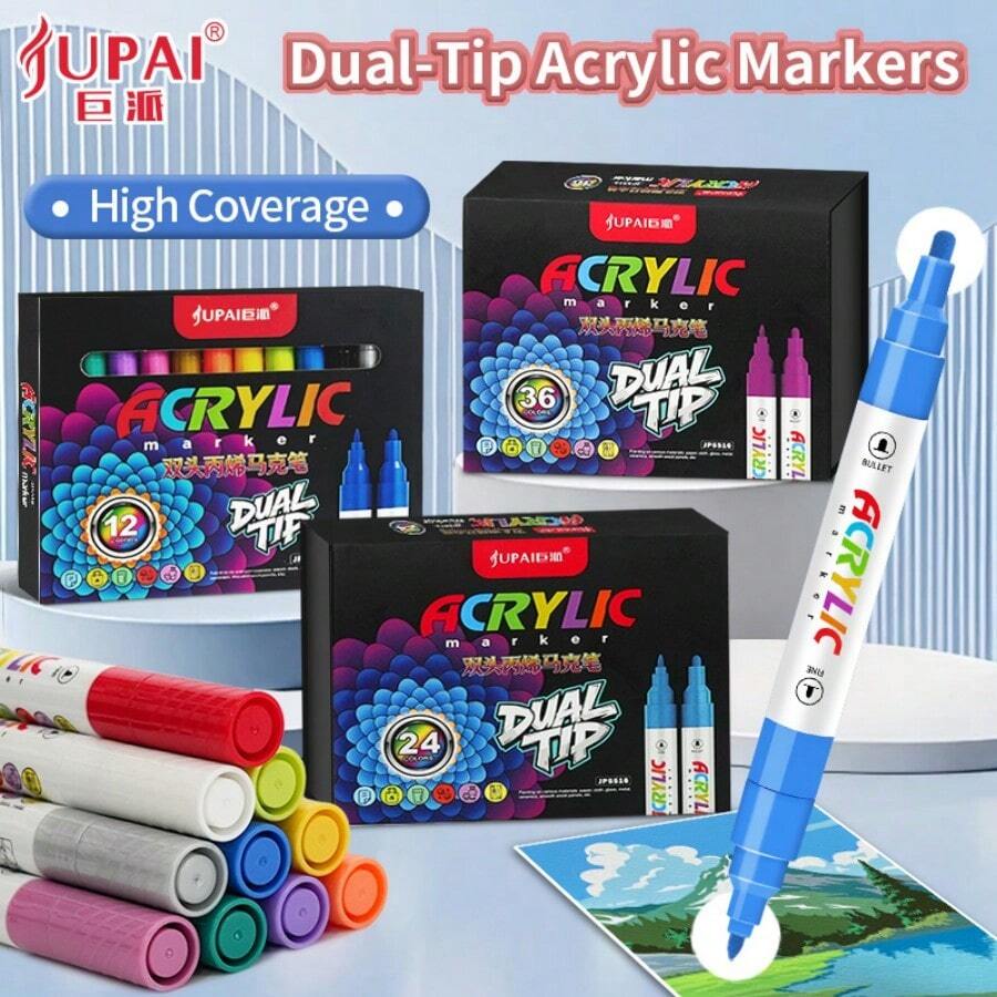 Dual-Tip Acrylic Marker Set, High Coverage Waterproof Painting Pens, Non-Bleed Hand-Drawn Doodle Markers, Art Painting DIY Craft Supplies, Multi-Color Boxed Acrylic Pens