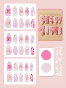 10pcs Pink Ombre 3D Flower Gold Bead Shiny Full Cover Nail Stickers, Suitable For Women & Girls, Size XS/S/M Nails - Multicolor - View 2