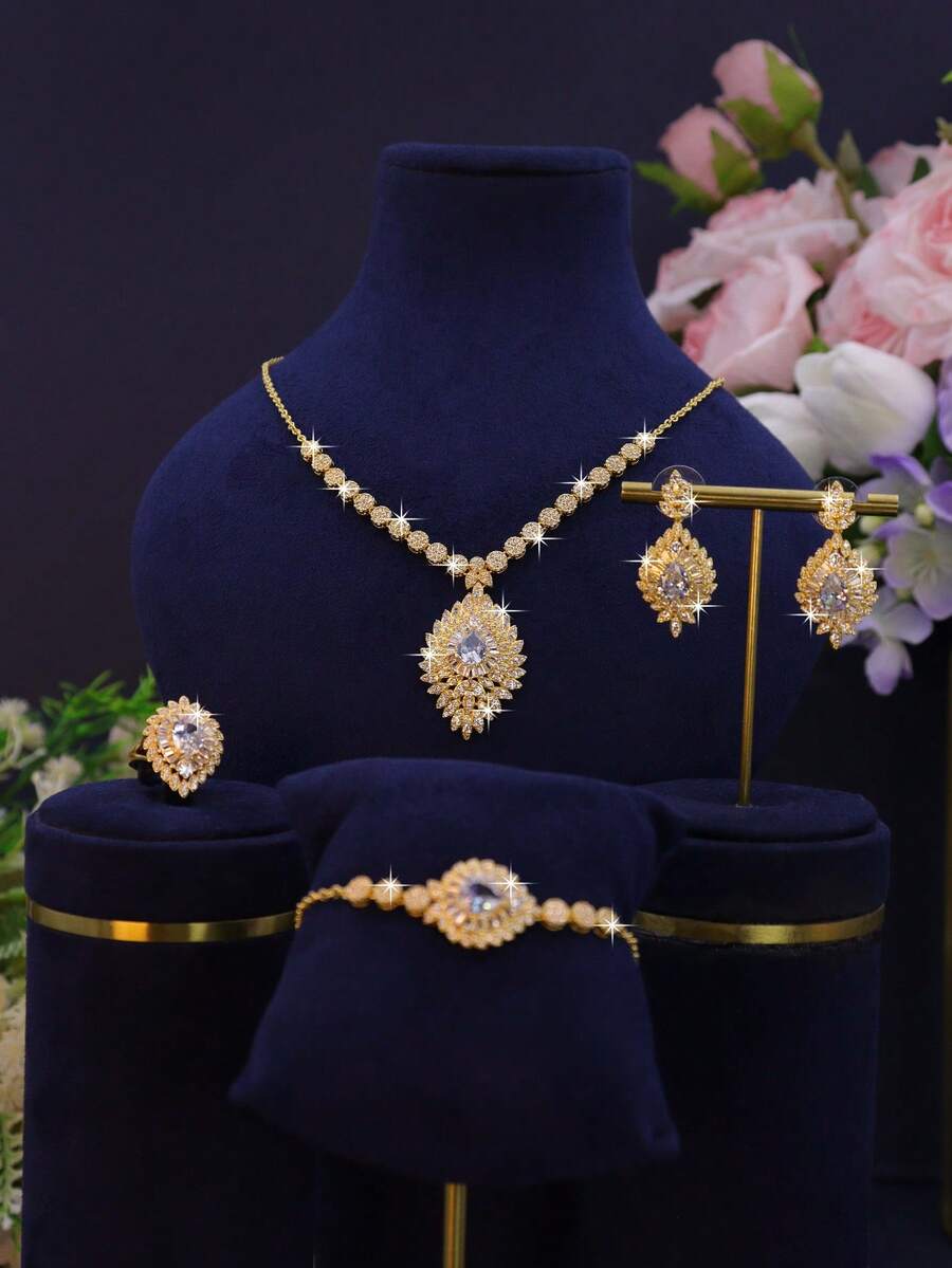 5pcs 18K Gold Plated Bridal Wedding Jewelry Set, Handcrafted With White Cubic Zirconia, Including Necklace, Bracelet, Earrings, Ring, Suitable For Daily Wear And Wedding, Wedding Anniversary Gift