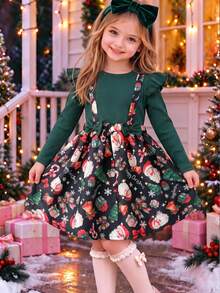Young Girls Christmas Girls' Holiday Style Contrast Color Ruffle 2 In 1 Pinafore Dress, Autumn/Winter Long Sleeve Cute Bow Decor Round Neck Christmas Tree Santa Claus Gift Box Bow Candy Cane Bell Print A-Line Dress - Dark Green - View 1