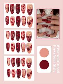30pcs Medium Almond Gradient Red Nail Stickers, Short Pointed Design, 3D Cherry Red Heart & Kiss Mark Pattern, Rhinestone Glossy Full Coverage, Suitable For Women & Girls Manicure, Home DIY, Valentine's Day Nail Decor Nails Nail Supplies - Red - View 3
