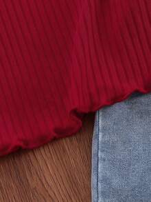 4-8 Years Old Girls 2pcs Set Fashion New Solid Color Minimalist Versatile Ribbed Red Crew Neck Long Sleeve T-Shirt Top And Casual Strawberry Embroidered Washed Blue Denim Overall Pants Long Pants Outfit - Red - View 7