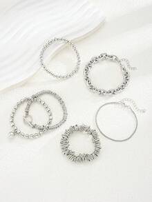 7/6/1pc Punk Street Hip Hop Minimalist Bold Personalized Geometric Pattern Chain Bracelet Set For Women, Vacation, Party, Date, Travel, Shopping, Beach, Banquet, Wedding, Daily Wear, Versatile Combination, New Arrival, Hot In Autumn/Winter - Silver - View 4