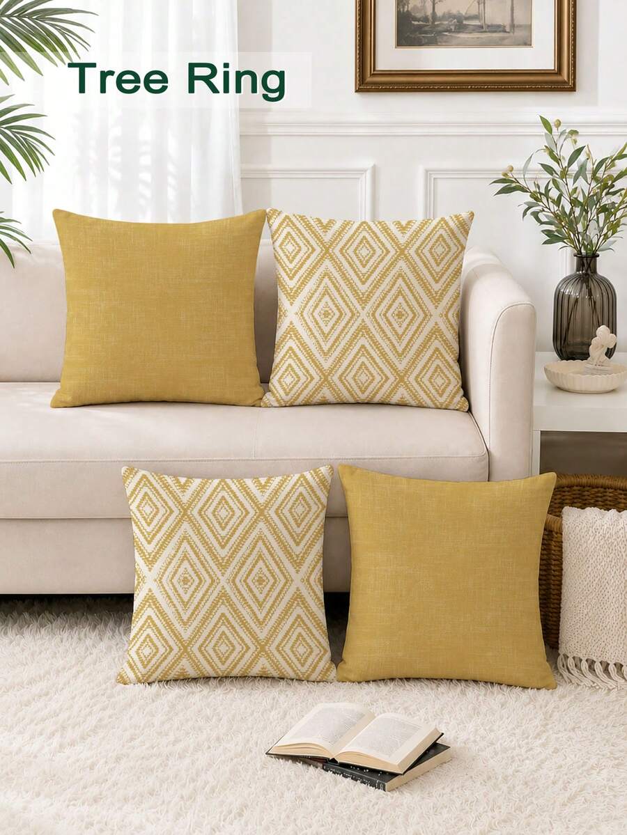4pcs,Geometric Pattern,Home Decor,Gift,Hypoallergenic Polyester Fiber Material,Hidden Zipper,No Filling,Suitable For Home Decor,Living Room Decor,Pillowcase,Cushion Cover,Sofa Decorative Cushion,Mat Cover,Soft Cushion. - Butter Yellow - View 1