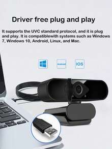 2K HD USB Webcam With Microphone, Computer Camera, 120° Wide Angle Distortion-Free, Plug And Play With Privacy Cover, 360° Rotatable, Suitable For Laptop Desktop Video Call Conference Live Streaming - View 2