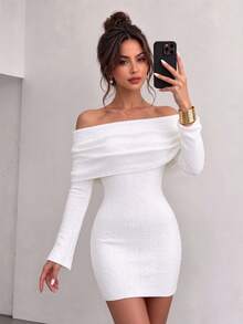 SUNSTORY Women's Autumn Fitted Off-Shoulder Short Knit Dress, Party Gathering Commute Wedding Guest Back To School Dance Christmas - Champagne - View 7