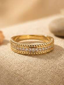 1pc Elegant Cubic Zirconia Gold Rope Textured Ring, High-Quality Jewelry, Fade-Resistant, Hypoallergenic, Suitable For Women's Party, Daily Wear And Holiday Gift - Gold - View 7