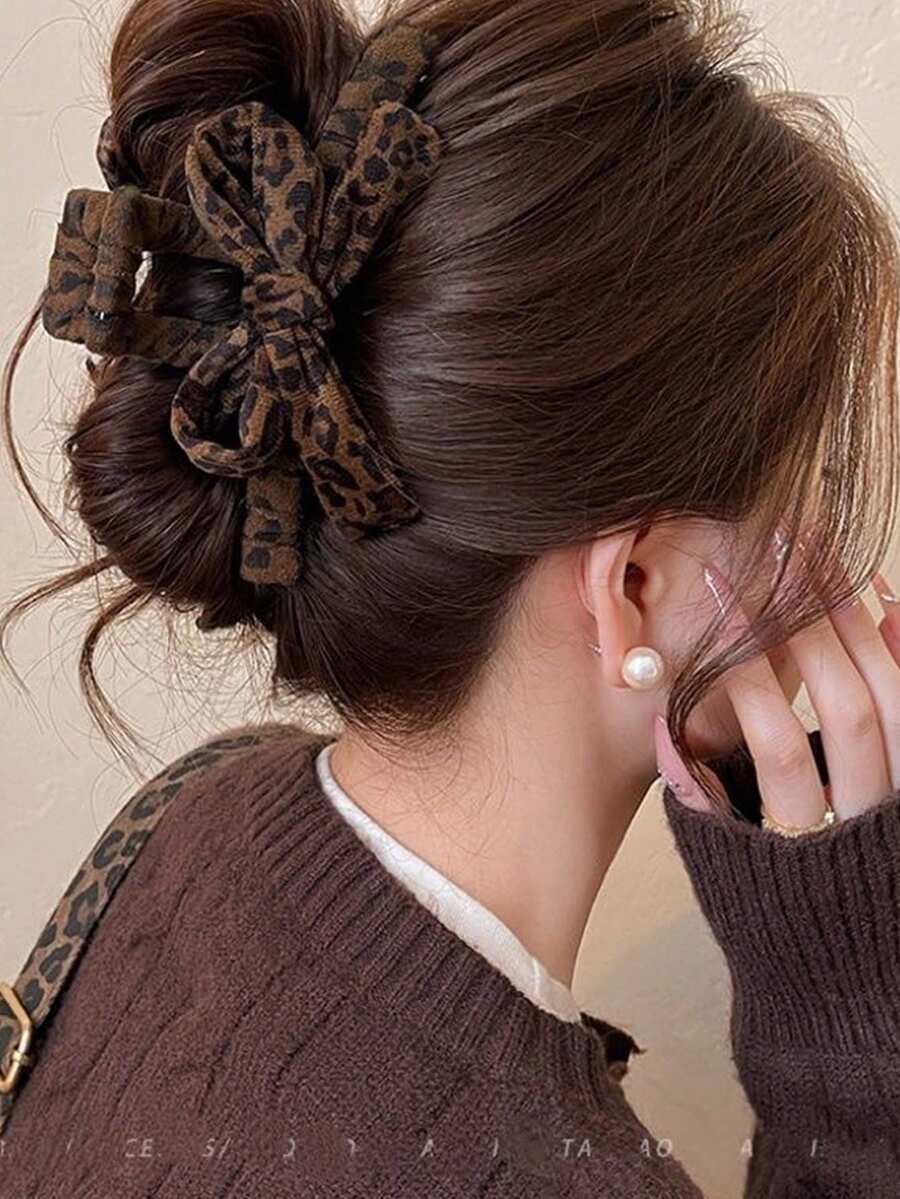 1pc Leopard Print Bow Hair Claw Clip, Large Hair Claw For Women, High-End Style, Suitable For Thick Hair, Back Of Head, Daily Wear, Shopping, Dating - Multicolor - View 1