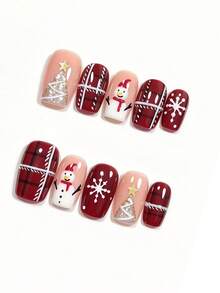 10pcs Pure Handmade Short Square Press On Nails, Christmas Festive Style, Burgundy Plaid, Hand-Painted Snowman, Glitter Christmas Tree & Snowflake Patterns For Women And Girl,Spring Summer Fall Winter Festivals Party And Dailys Life Use - Burgundy - View 2
