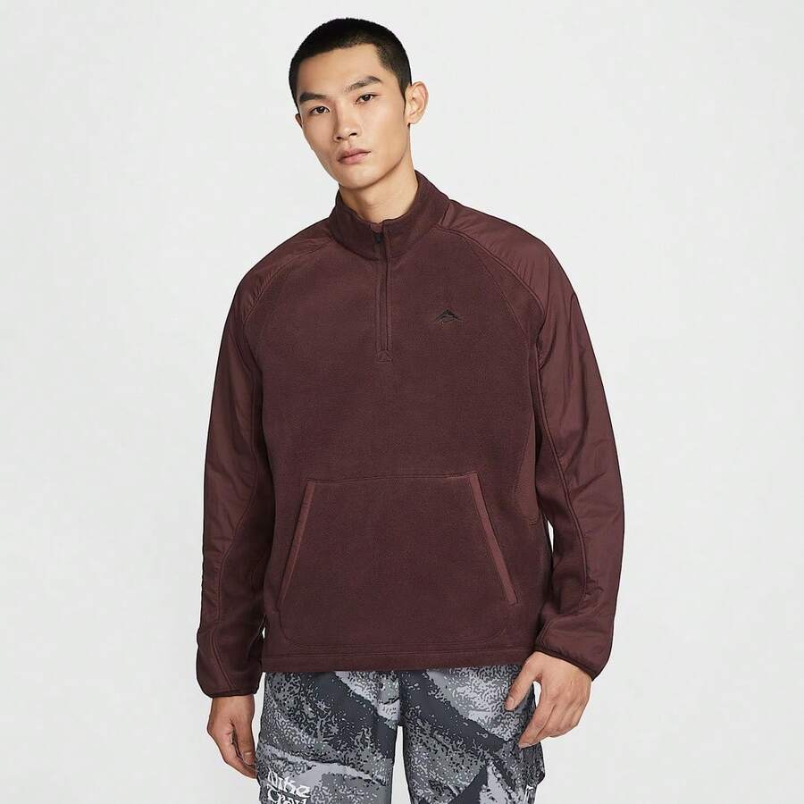 NIKE TRAIL POLARTEC Men's Burgundy Polyester Fleece Stand Collar Pullover Sweatshirt With Short Zipper And Front Pocket FV9964-652 - Burgundy - View 1