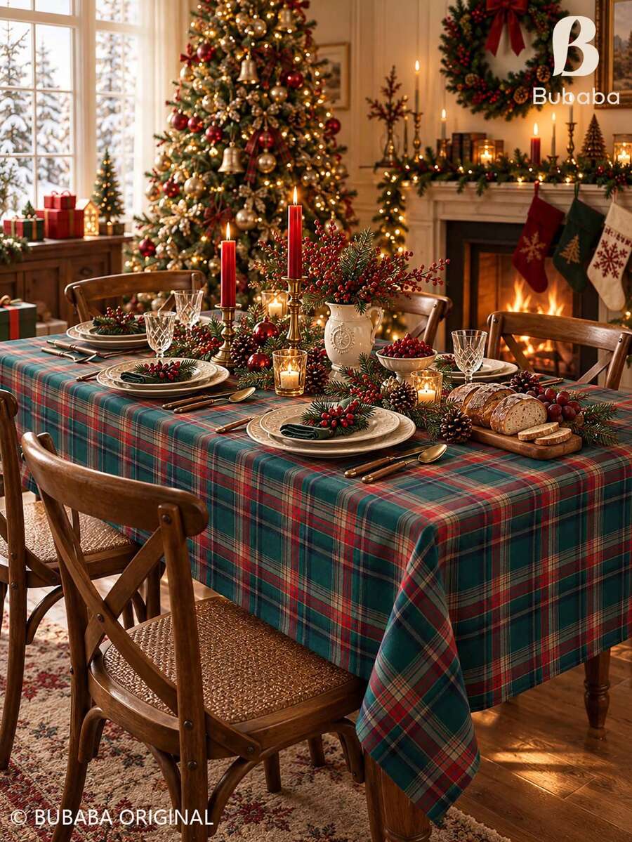 Red & Green Plaid Christmas Tablecloth, Vintage Farmhouse Style Dining Tablecloth, Holiday Decor Tablecloth, Suitable For Christmas Dinner Party - Multicolor - View 1
