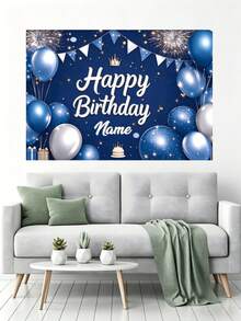 Customizable Name Happy Birthday Banner Backdrop, Blue Flag Background Decoration With Balloons, Shiny Crown, Stars And Sparkling Fireworks Design, Birthday Party Cake Table Decoration, Photography Banner Prop, Vinyl Material, Photo Booth Backdrop - Blue - View 7