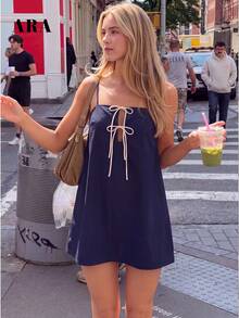 ARA Women's Casual Spaghetti Strap Mini Dress, Navy Blue Contrast Bow Hollow A-Line Loose Fit Dress, Suitable For Summer Beach Travel And Daily Wear - Navy Blue - View 1
