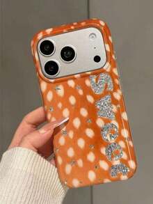 1pc Orange White Polka Dot Pattern Phone Case With Rhinestone Letter Design,Compatible With IPhone 18 Pro Max 17 Pro Max 16 Pro Max 15 Pro Max 14 Pro Max & 11/12/13/14/15/16/17/18 Pro/Plus - Multicolor - View 3