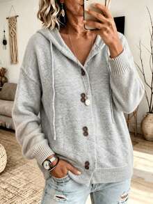 Plus Size Women's Hooded Knit Cardigan, Autumn/Winter Long Sleeve Loose Button-Up, Casual Everyday Essential - Off White - View 3