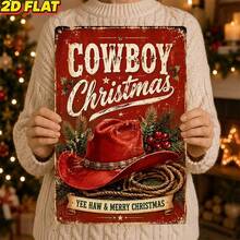 1pc 2D Flat 8X12 Inch (20X30 Cm) Vintage Metal Sign Cowboy Christmas Yee Haw Merry Christmas, Suitable For Western Theme Holiday Display And Country Home Decor Gift - B - View 4