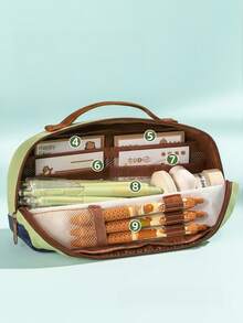 1pc Foldable Handheld Pencil Bag, Multi-Compartment Large Capacity Storage Pouch, Vintage Color Block Design, For Daily Use, Students, Kids - Multicolor - View 4