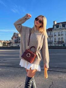 Women's Solid Color Casual Loose Elegant Ribbed Cuff Split Hem Long Sleeve Crew Neck Pullover Sweater, Suitable For Home And Daily Wear, Autumn - Khaki - View 2