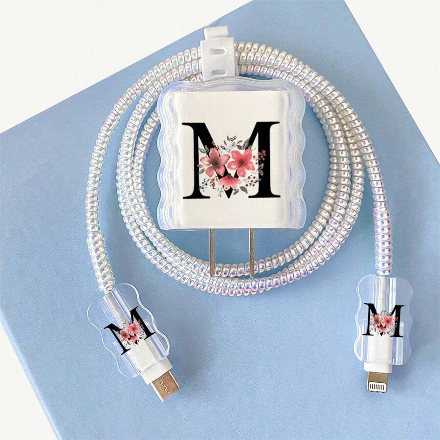 5入英文字母線材保護套,適用於 Apple 線材,字母波浪圖案設計,相容 18W/20W 快充充電器適配器,防刮保護套(字母圖案) - 彩色 - 查看 1