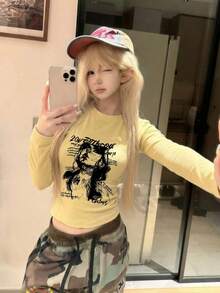 New Gen Z Y2K Cropped Long Sleeve T-Shirt Women's Design Print Spring Autumn Korean Style Round Neck Versatile Casual Slim Fit Top - Yellow - View 4