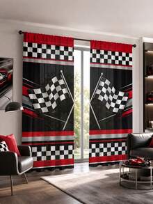 2Pcs Racing Black And White Checkered Flag Print Curtains, Speed Theme Racing Style Semi-Sheer Rod Pocket Window Decor, Suitable For Living Room And Bedroom, Rod Not Included, Machine Washable - Black and White Checkered Racing Flag - View 6