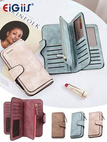 EIGIIS Women's Wallet PU Leather Trifold Wallet With Zipper Coin Pocket Slim Credit Card Holder, Large Capacity Clutch Purse With ID Window - Long - View 1