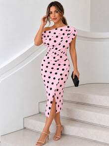 ChicMe Women's Polka Dot Print Asymmetrical Neckline Ruched Fitted Dress, Elegant Wrap Slit Midi Dress, Sexy Cocktail Party Outfit - Watermelon Pink - View 5