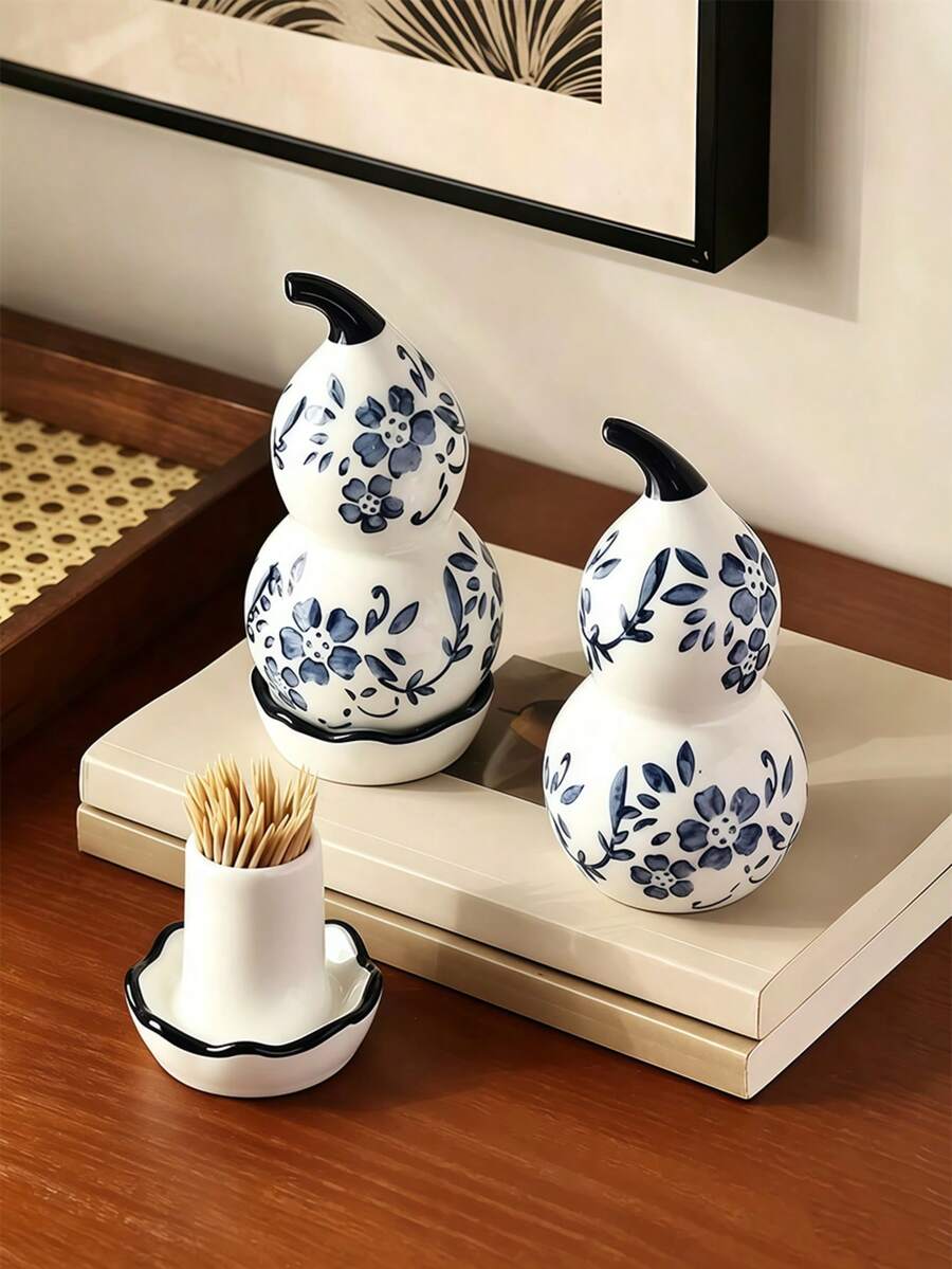 1pc Blue Flower Gourd Ceramic Toothpick Holder, Highly Attractive Home Personalized Creative Toothpick Box, Swab Storage Box - View 1
