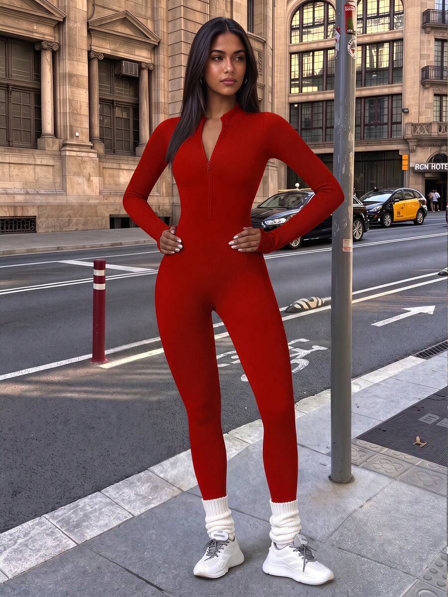 DINBEY 女款無縫羅紋半拉鍊長袖瑜伽連身衣，收腹提臀修身全身塑形健身連身衣，適合健身房運動