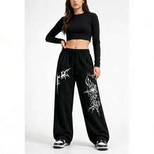 Pantalón Negro de Pierna Ancha con Estampado Gráfico , Cintura Elástica con Cordón, Corte Holgado Oversize, Estilo Y2K Streetwear Unisex para Otoño Invierno, Salidas, Viaje y Uso Diario - A - Ver 4