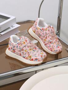1 Pair New Floral Baby Sports Shoes, Girls Pastoral Floral Shoes, Hook And Loop Design For Easy On And Off - Pink - View 4