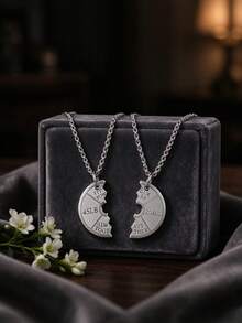 2PCS Silver Tone Split Circle Couple Pendant Necklaces, Engraved Matching Jewelry, Unisex, Valentine's Day & Anniversary Gift - Silver - View 5