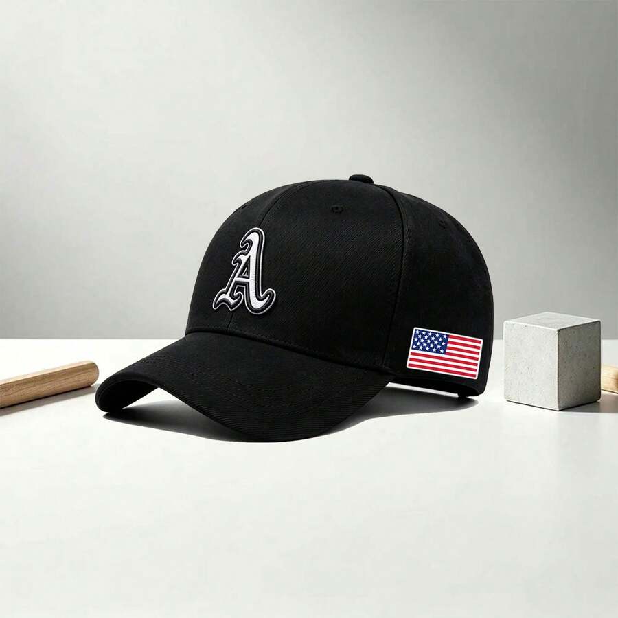 1PC Unisex Baseball Cap, Front Gothic A Embroidery, Side US Flag Patch, Adjustable Casual Sun Hat For Street & Outdoor