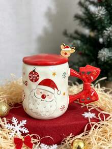1pc Christmas Ceramic Mug With Red Lid, Cute Bow Handle Coffee Tea Cup, Santa Claus And Snowman Pattern, With Gift Box, Secret Christmas Holiday Gift - Multicolor - View 8