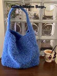 Solid Color Autumn/Winter New Lazy Plush Tote Bag Woolen Bucket Bag Large Capacity Commuter Shoulder Underarm Bag - Blue - View 4