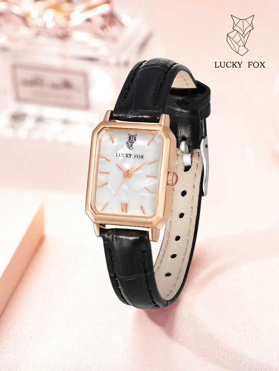 LUCKYFOX 1件女款白色極簡休閒商務風鋅合金復古石英小方盤PU皮革手錶,適合日常佩戴 - 黑色 - 查看 1
