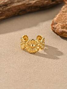 MONALLY Women Daisy Flower Open Adjustable Ring, 18K Gold Plated Stainless Steel Statement Floral Band Ring, Waterproof Stackable Finger Jewelry Gift For Her - Open Ring - View 2