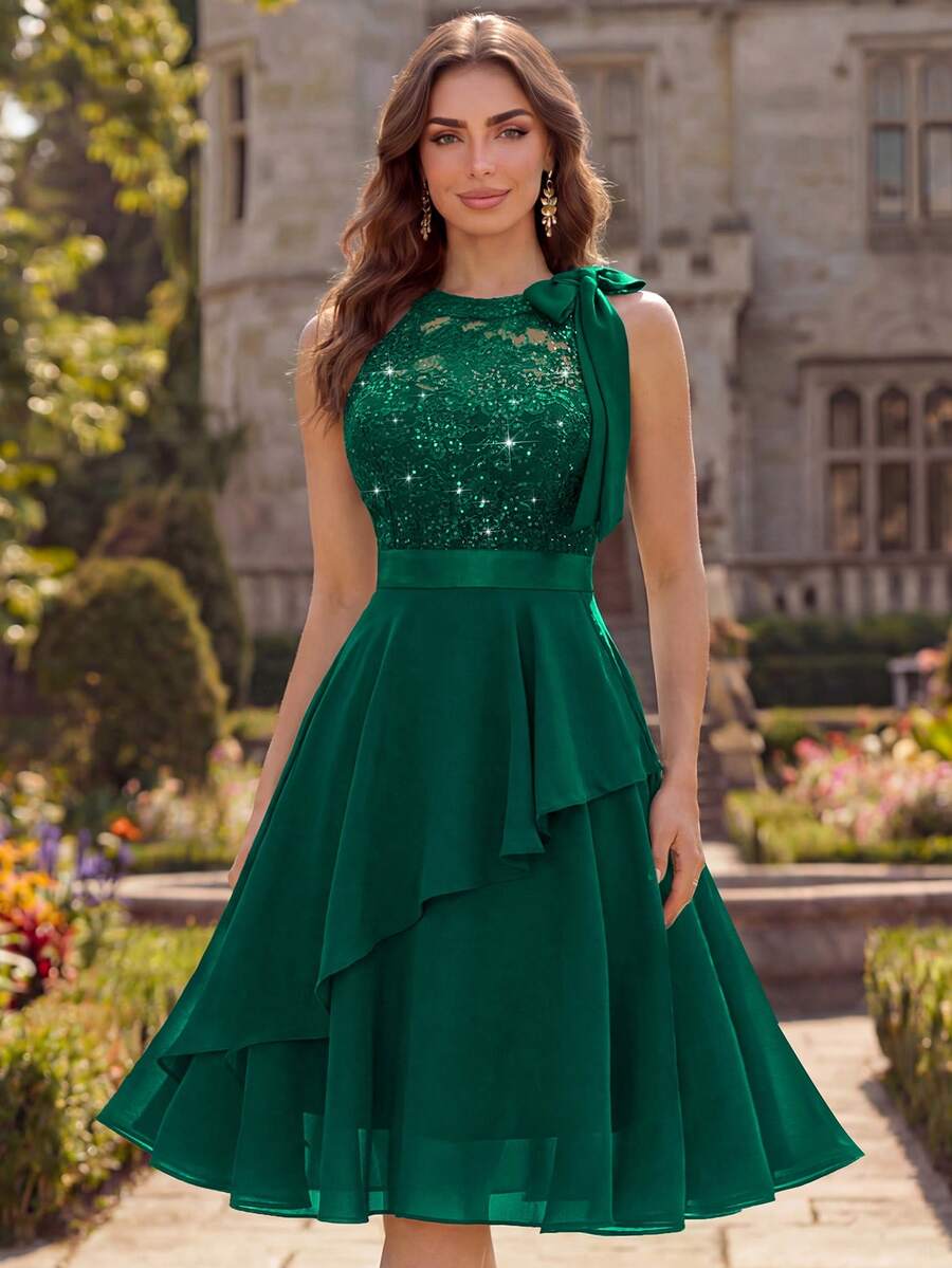 MIUSOL Sequin Floral Lace Patchwork Halter Party Dress, Suitable For Birthday, Wedding Guest, Evening Gala And Other Occasions Summer Elegant