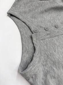 XLLAIS Atasan Rajut Bergaris Leher Henley Lengan Panjang Wanita, Kaos Crop Slim Fit dengan Kancing Setengah, Gaya Dasar Warna Polos Kasual, Pakaian Santai Rumah Musim Gugur/Dingin - Abu-abu muda - View 6