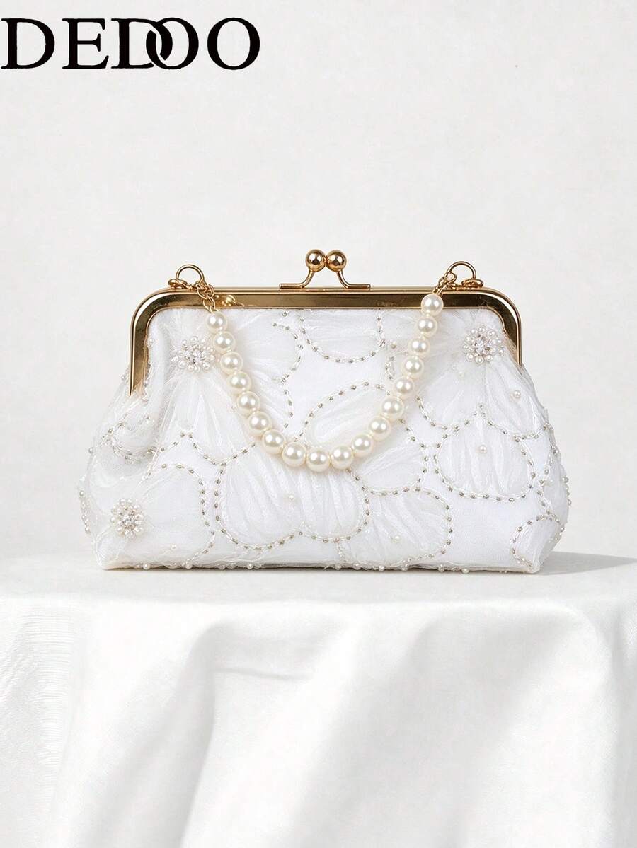 Dedoo 女款晚宴手拿包，接吻鎖設計，3D花卉刺繡，珍珠裝飾配雙層金鏈，可拆卸肩帶，浪漫甜美風格，適合婚禮、舞會與派對