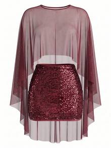 Women's Elegant Burgundy Sheer Mesh Cape Short Top + Sequin Mini Skirt 2 Pieces Set, Party Outfit, Autumn/Winter - Burgundy - View 5