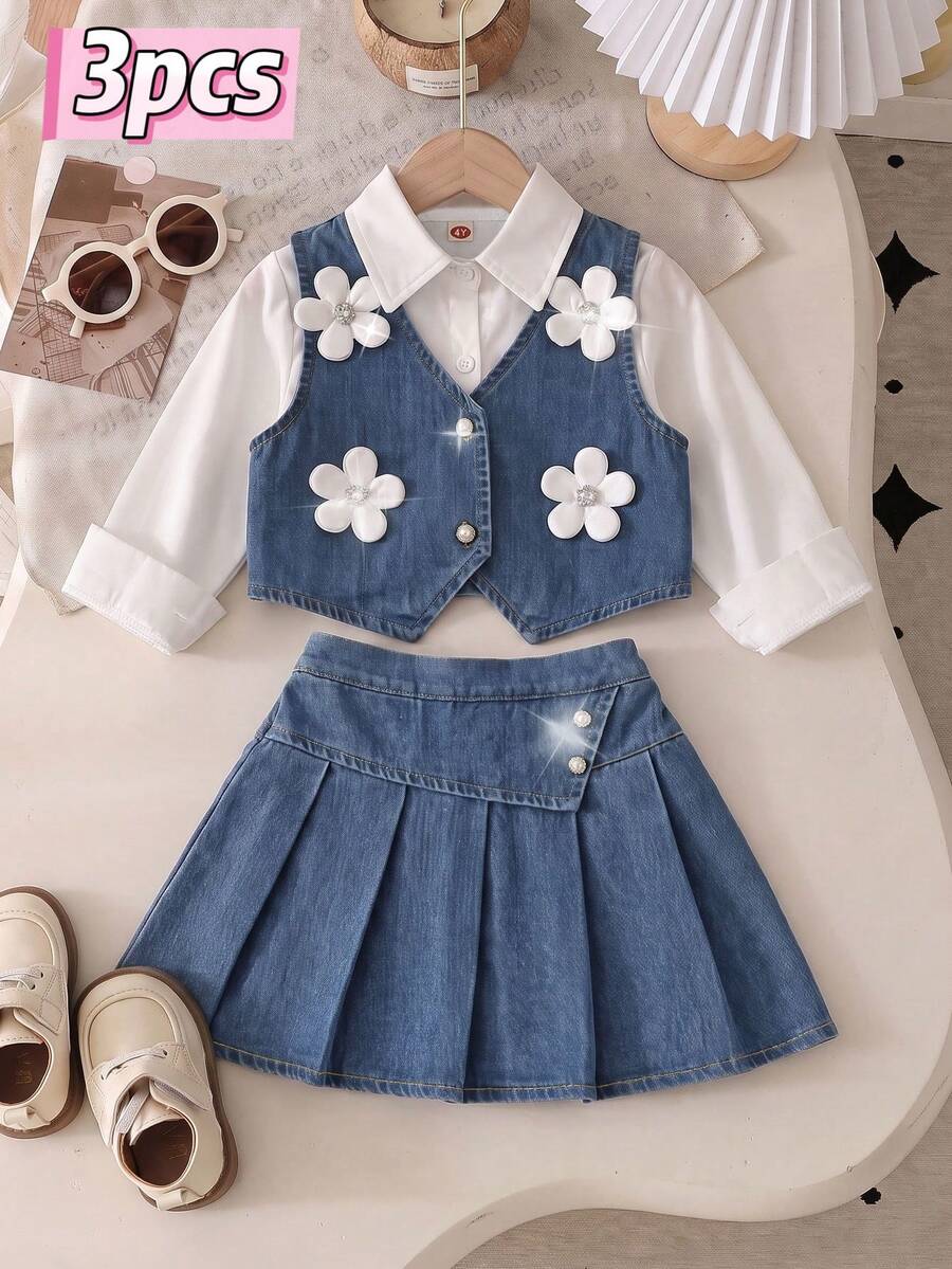 Young Girl Preppy Denim 3 Pieces Set, 3D Floral Decor Vest With Lapel Solid Color Long Sleeve Shirt And Denim Pleated Mini Skirt - White - View 1